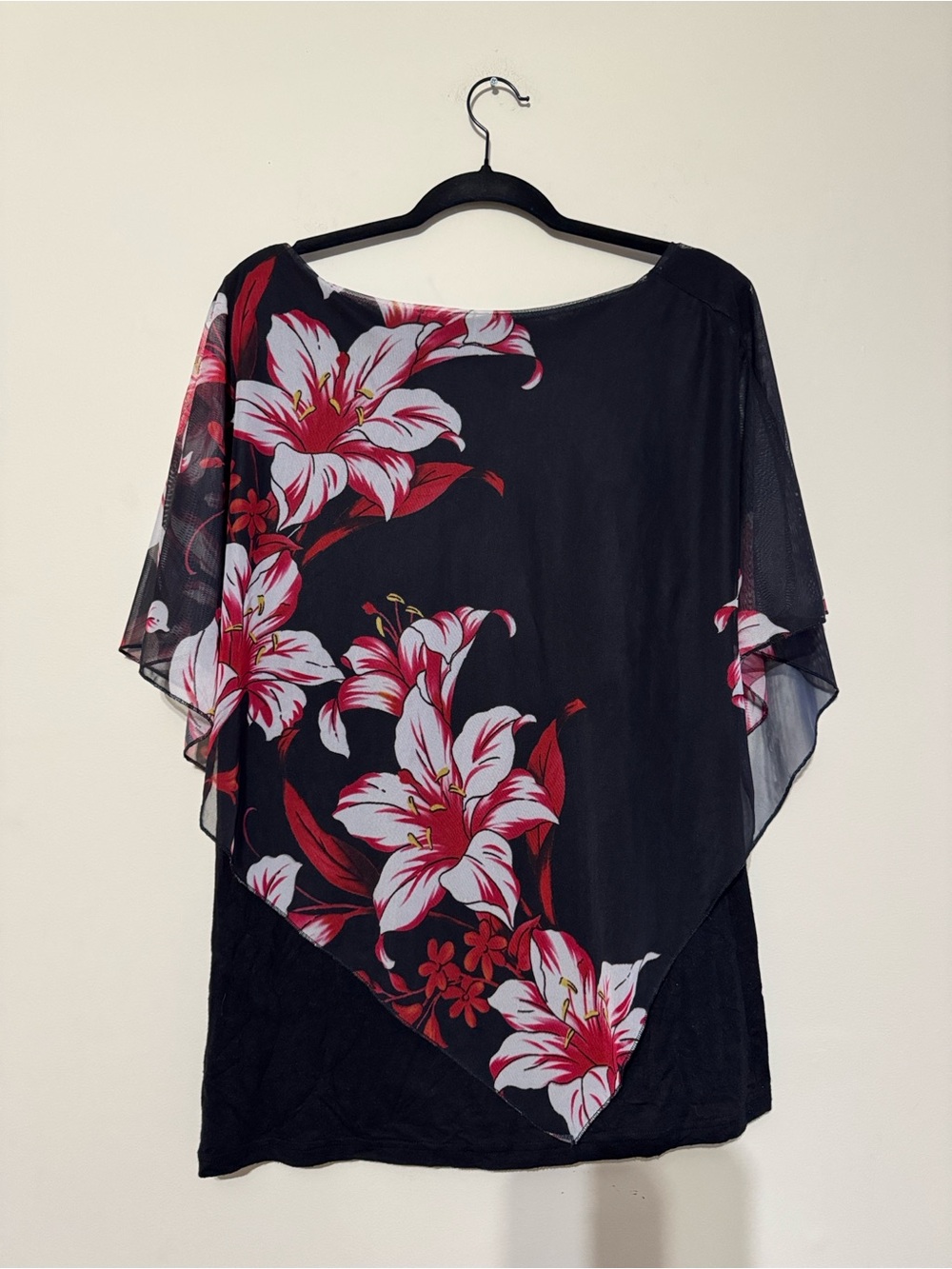 Black Floral Sheer Overlay Top with Red & White Lily Print